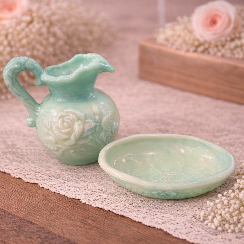 AVON Milk Glass Victorian‎ Rose Pattern Pitcher & Soap Dish